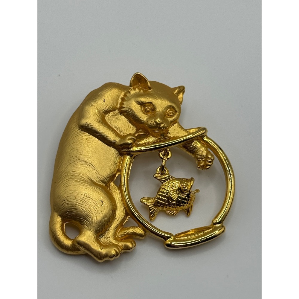 Vintage JJ Jonette Cat Fishbowl Brooch Gold Tone Pin